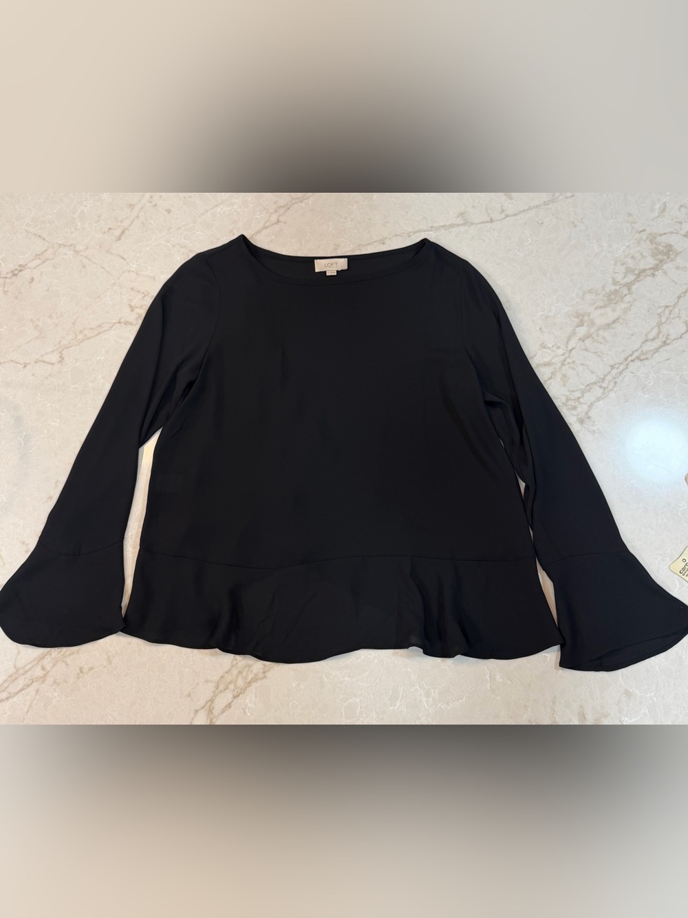 LOFT Black Long-Sleeve Ruffle-Hem Blouse